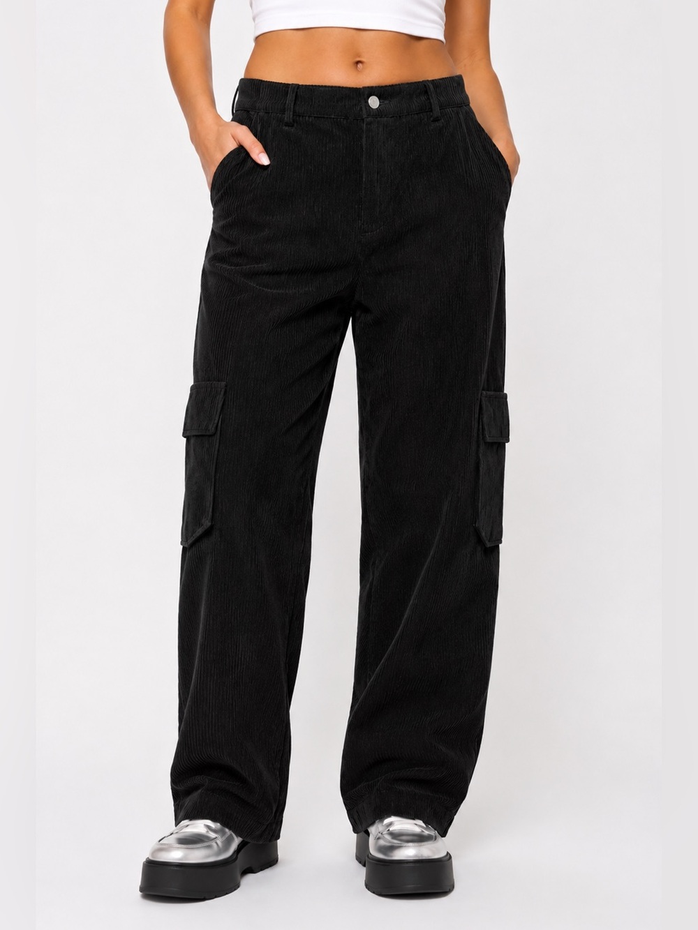 Black Corduroy Cargo Wide Leg Pants Women’s Large Streetwear Pockets Utility EUC